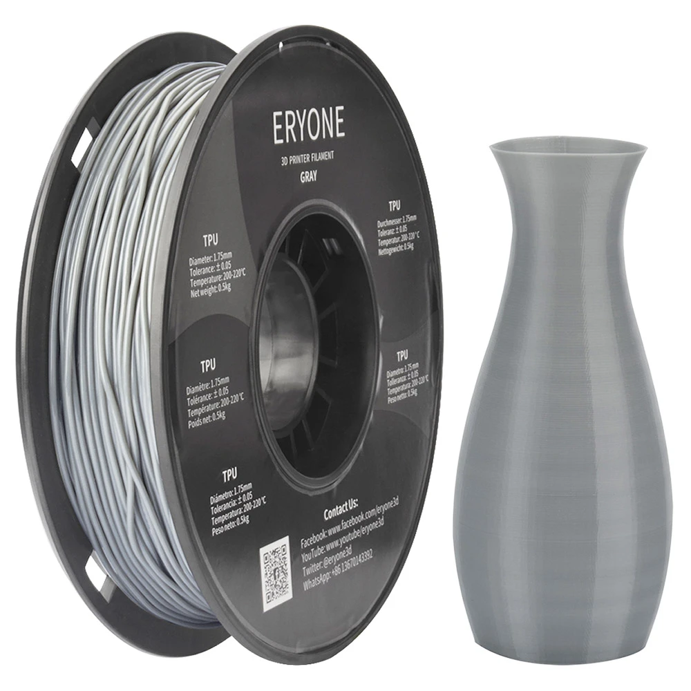 ERYONE TPU Filament For 3D Printer 1.75mm Tolerance 0.03mm 0.5kg (1.1 LB) / Spool - Grey 3 ERYONE TPU Filament For 3D Printer 1.75mm Tolerance 0.03mm 0.5kg (1.1 LB) / Spool - Grey
