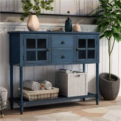 BioloMix Shop -BioloMix Shop TREXM Sideboard Console Table with Bottom Shelf Farmhouse Wood Glass Buffet Storage Cabinet Living Room Antique Navy 459095 0