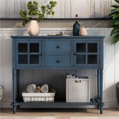 TREXM 42'' Console Table With 2 Storage Drawers, 2 Cabinets, And Bottom Shelf, For Entrance, Hallway, Dining Room, Kitchen - Navy